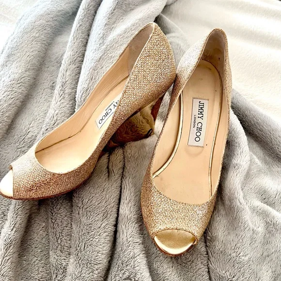 Jimmy Choo Gold Glitter Heels - Picture 2 of 4